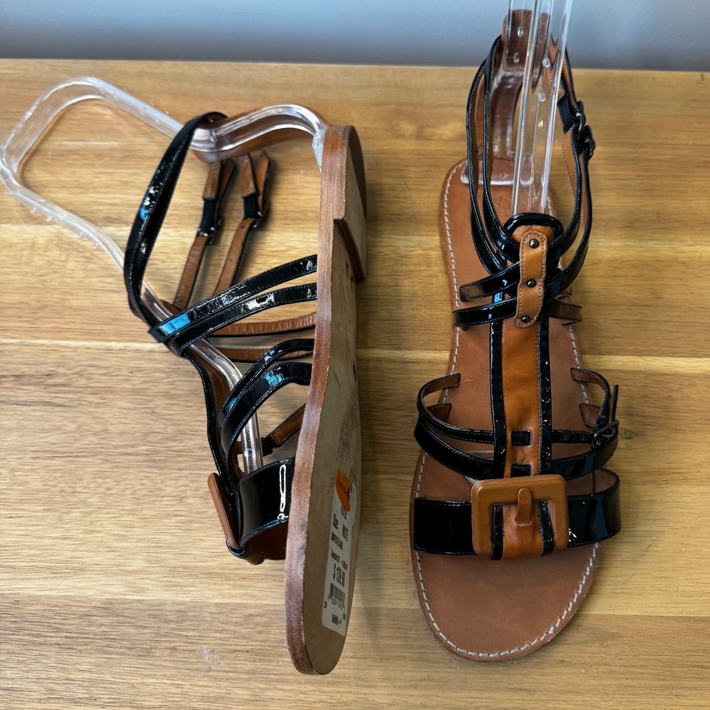 Delman Sabra-P Women 7.5 M Black Patent Luggage Leather Gladiator Flat Sandals